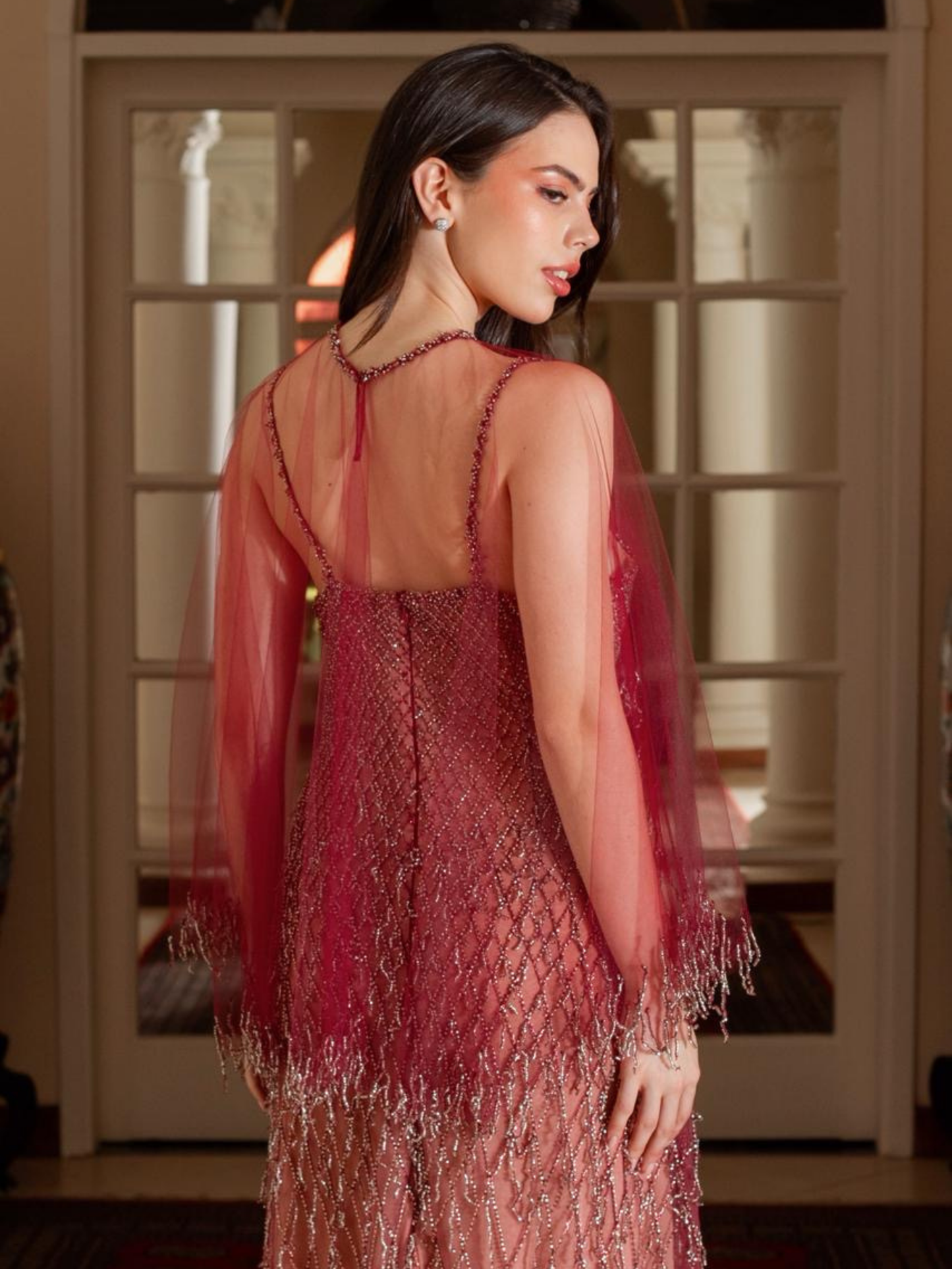 Burgundy Rhinestones Dress & Cape