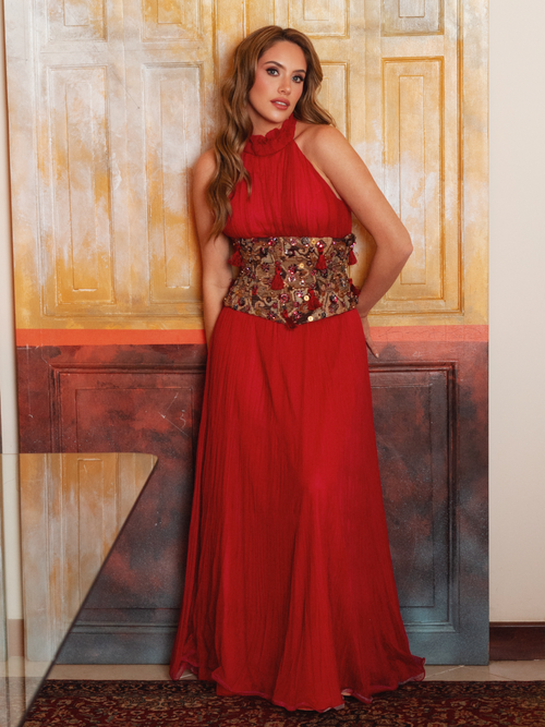Vestido Rojo & Faja Bordada