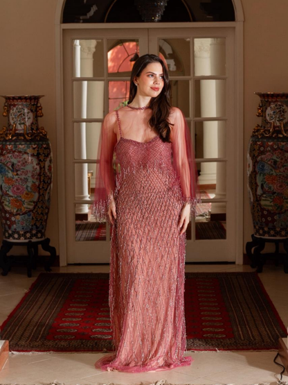 Burgundy Rhinestones Dress & Cape