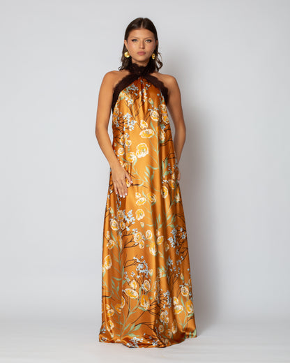 Printed Gold Halter Dress